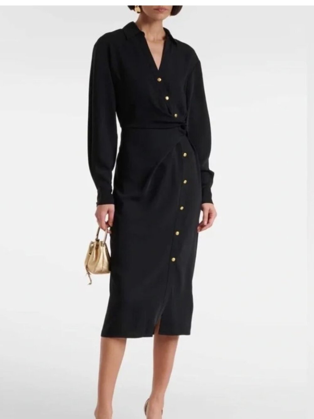 Veronica Beard WRIGHT faux wrap dress black crepe gold buttons US12